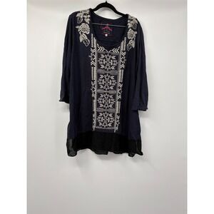 JW Los Angeles Johnny Was Navy Blue Embroidered Tunic Top 2X Cotton Boho